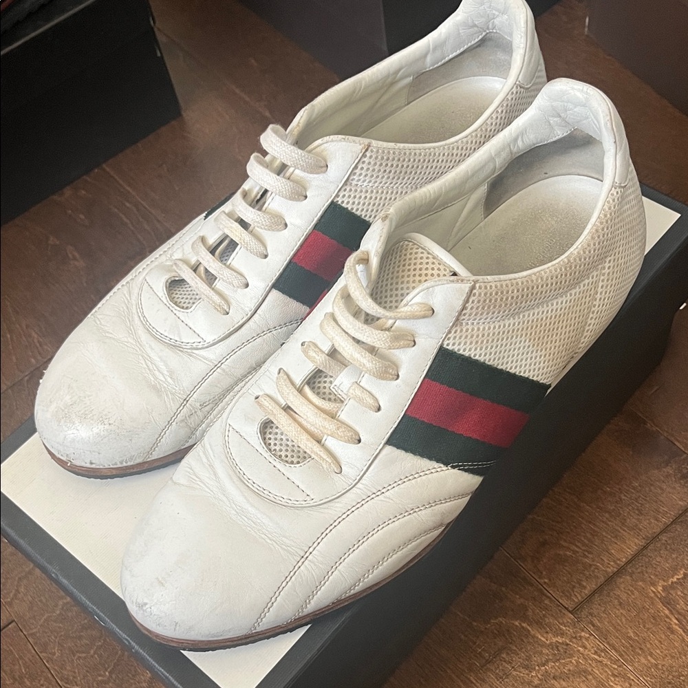 Gucci White Sneakers with Red and Green Accents